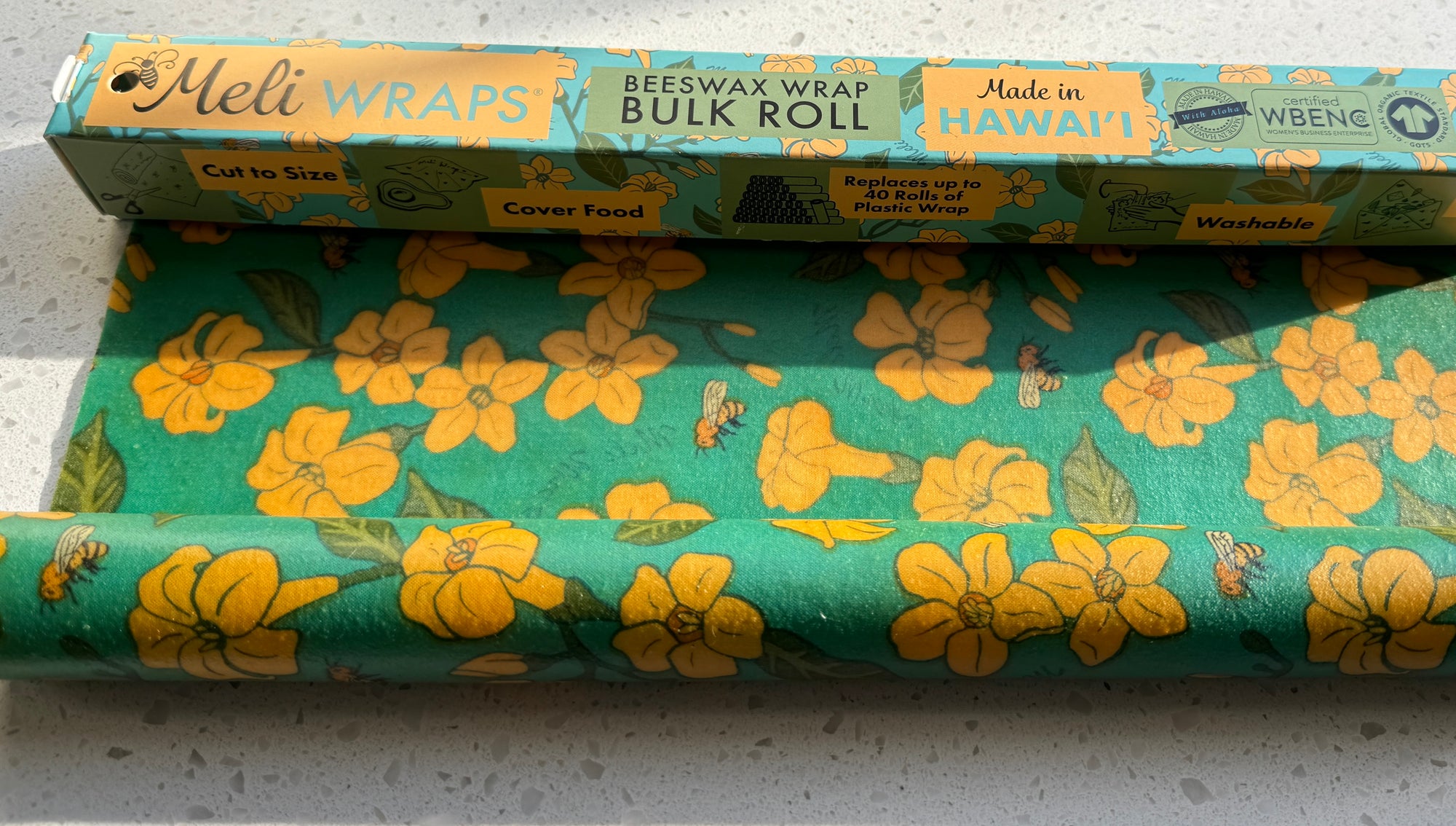 Beeswax Wrap Bulk Roll - Puakenikeni & Bee Print